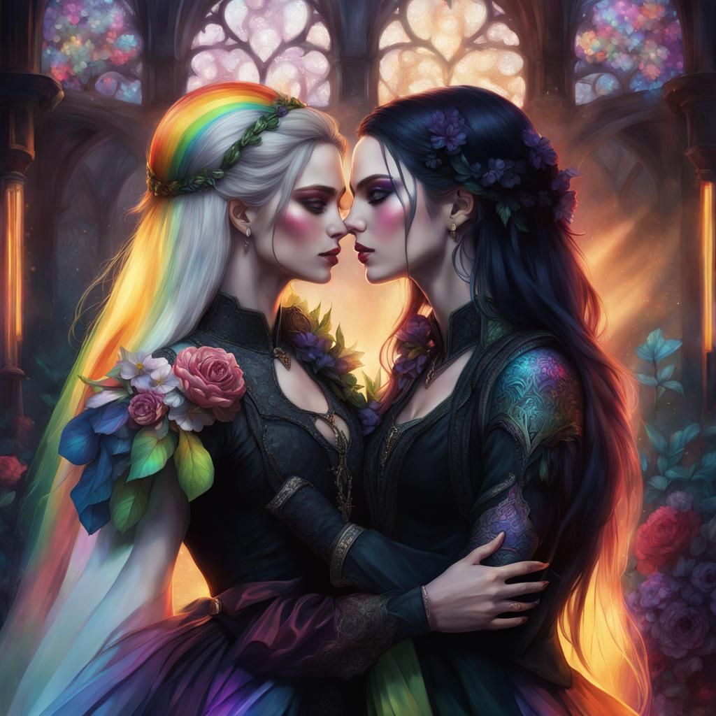 Romantic Kiss: Lesbian Couple in Floral Fantasy Style