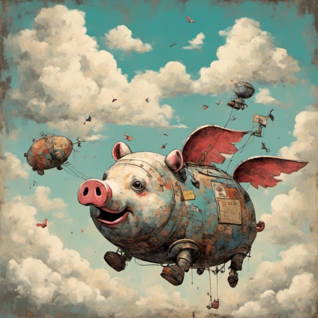 Robot Flying Pig in Clouds: Neo-Expressionist Style