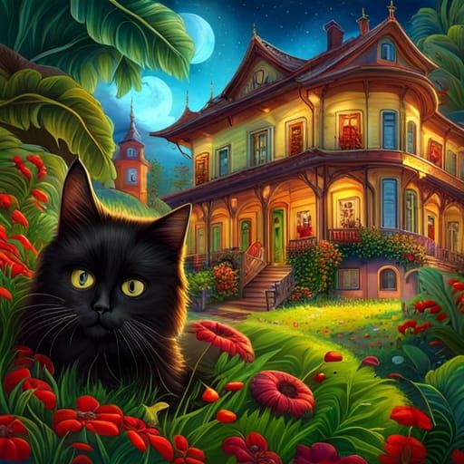 Detailed Chibi Black Cat Near House