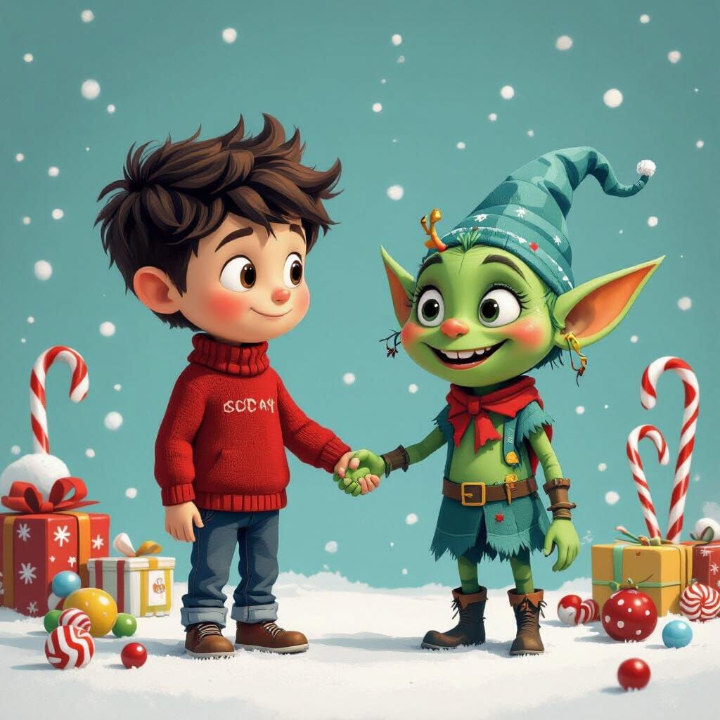 Boy and Goblin Holding Hands in Fantasy Landscape