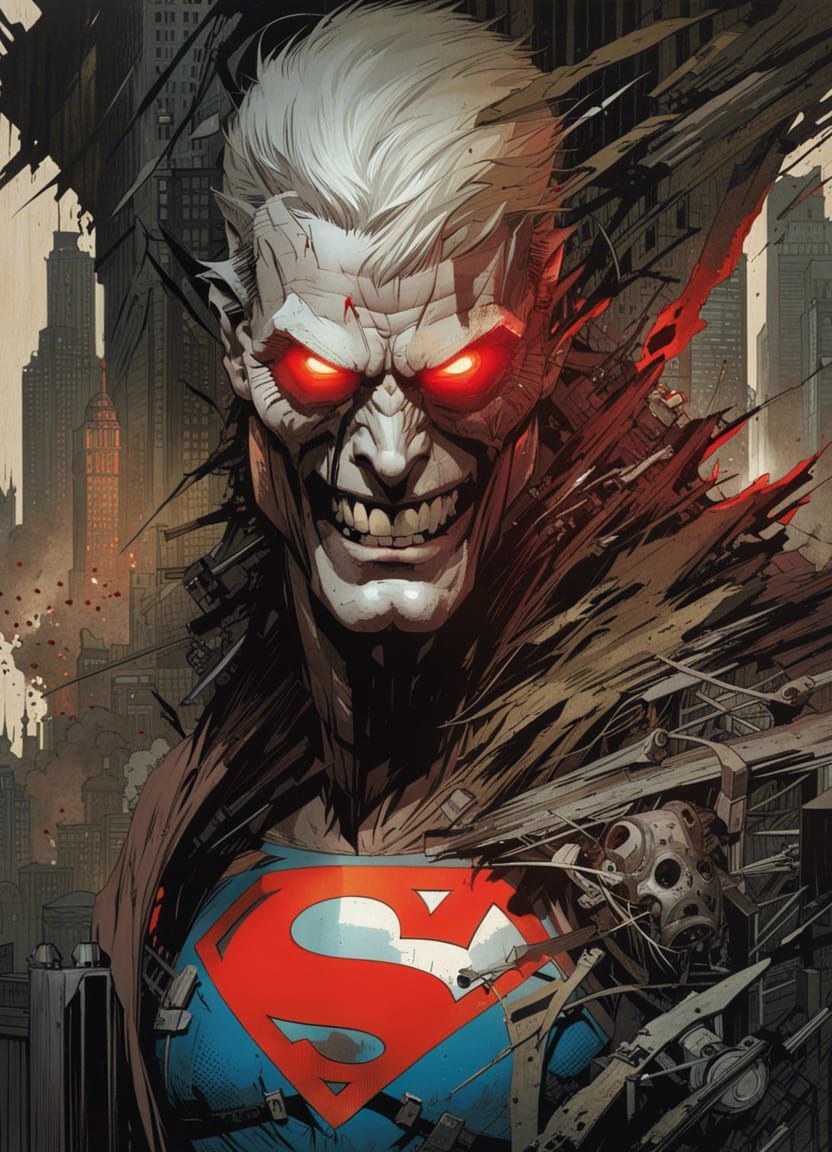 Creepy Superman with Glowing Eyes in Ruined City