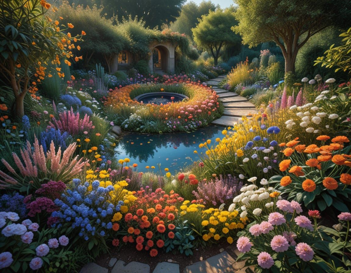 Vibrant Garden Oasis in Whimsical Fibonacci Design