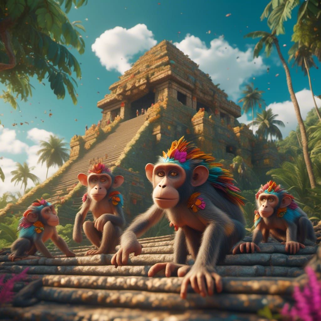 Monkeys Discover Mayan Pyramid, Detailed Matte Painting