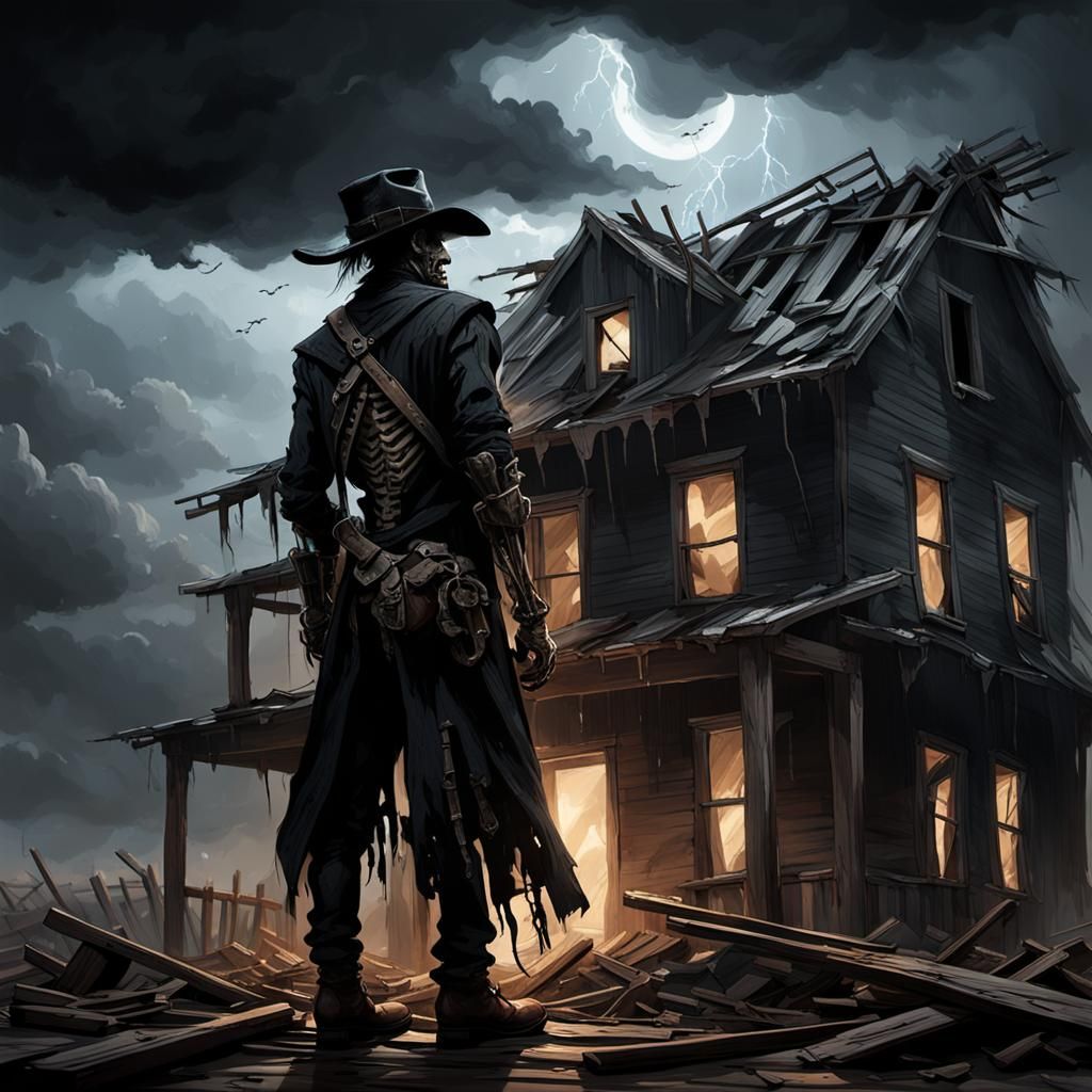 Skeletal Cowboy Builds House in Tornado: Gothic Concept Art