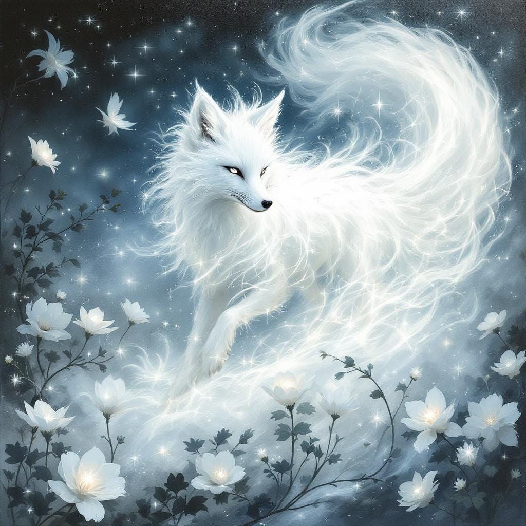 Dreamlike White Fox Portrait in Oil Painting Style
