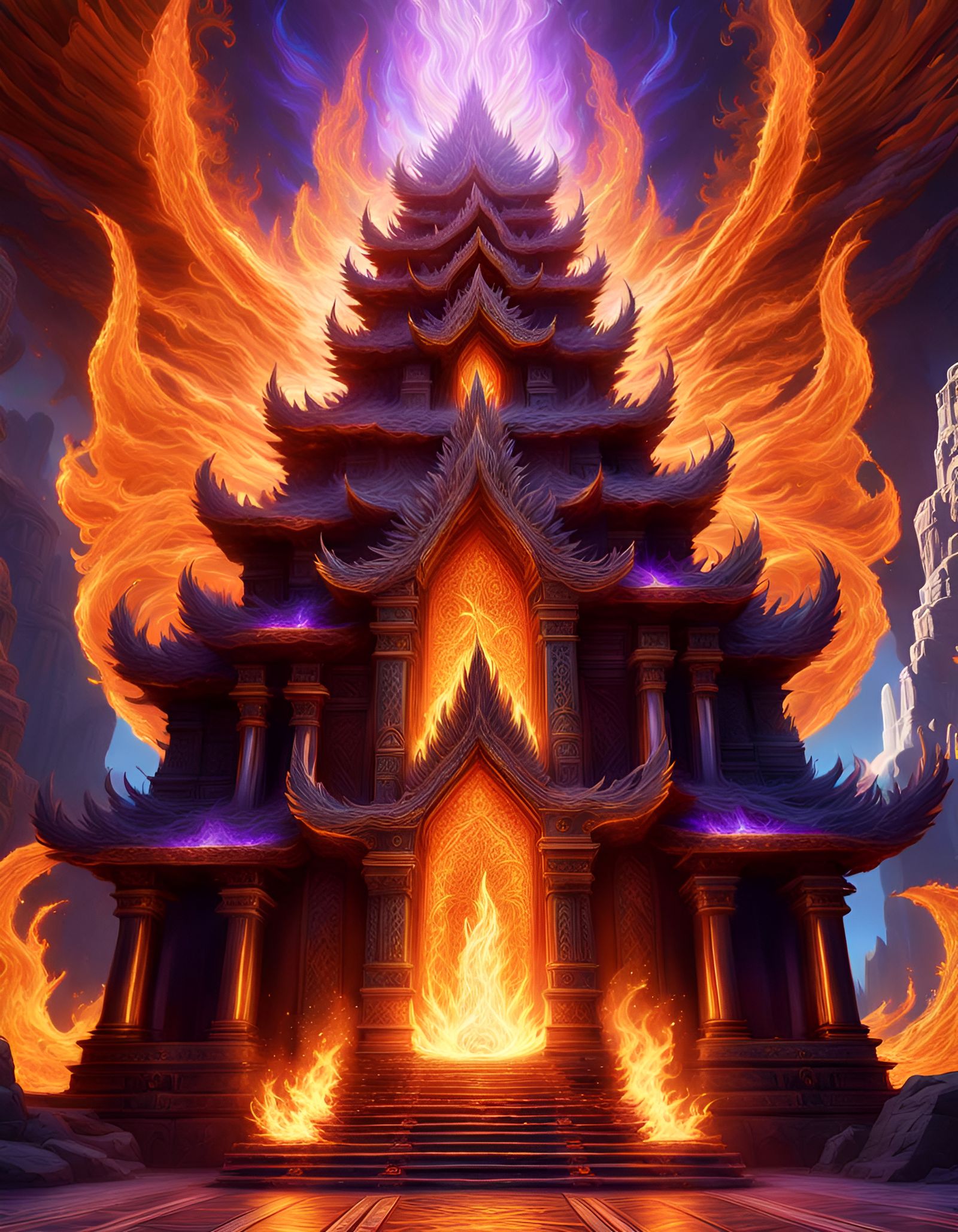 Fiery Temple with Metallic Flames in High Fantasy Style