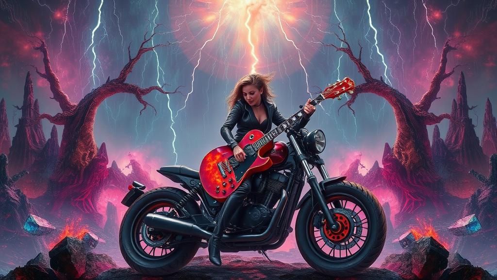 Rocker on Gothic Motorcycle in Post-Apocalyptic Dreamscape