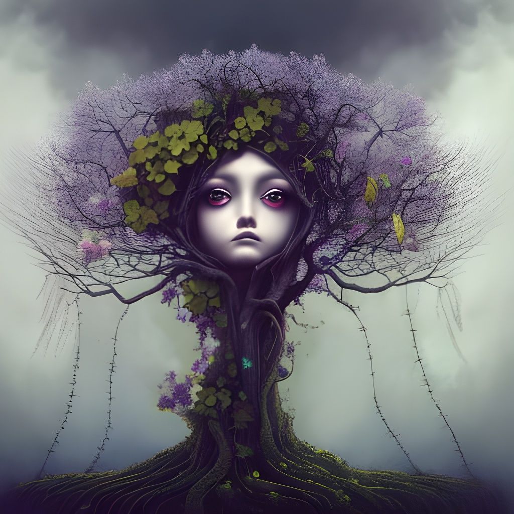 Oak Tree Portrait with Wildflowers in Fractal Style