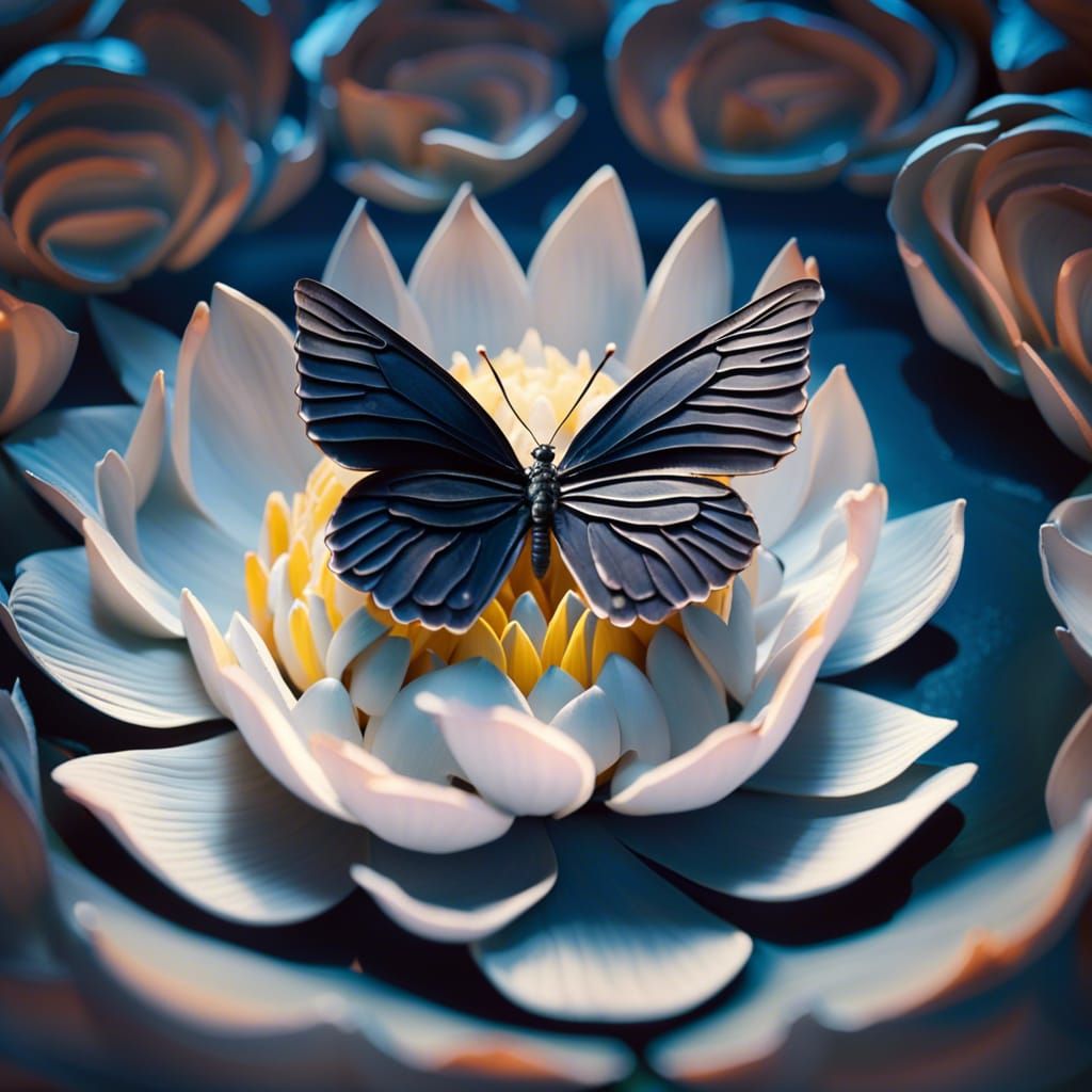 Butterfly and Lotus in Impasto Ghibli Style