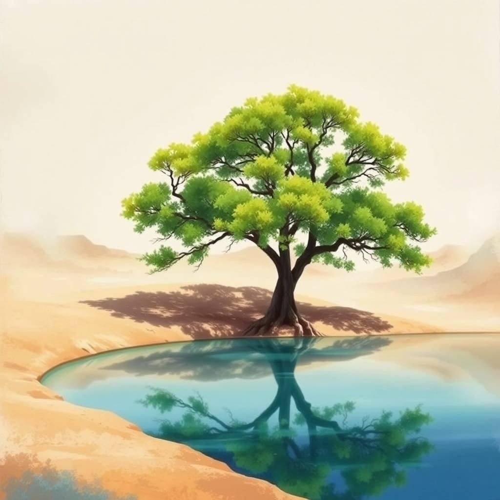 Majestic Tree in Arid Landscape with Vibrant Foliage