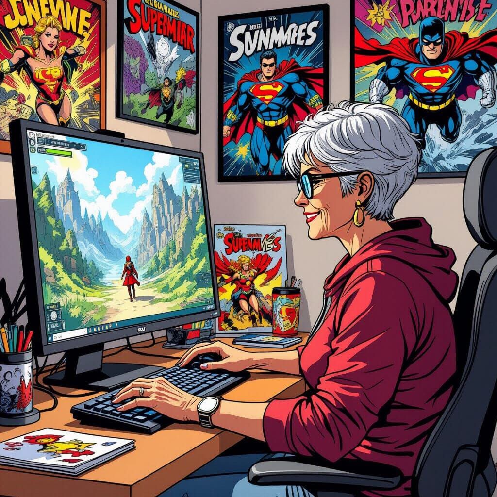 Senior Gamer Immersed in Fantasy World, Comic Book Style