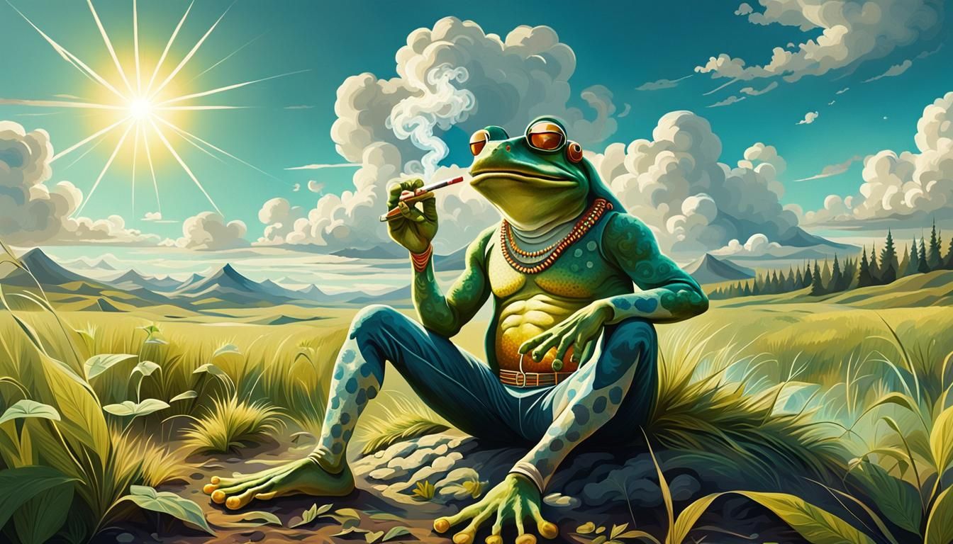 Muscular Hippie Frog Smoking Weed in Field