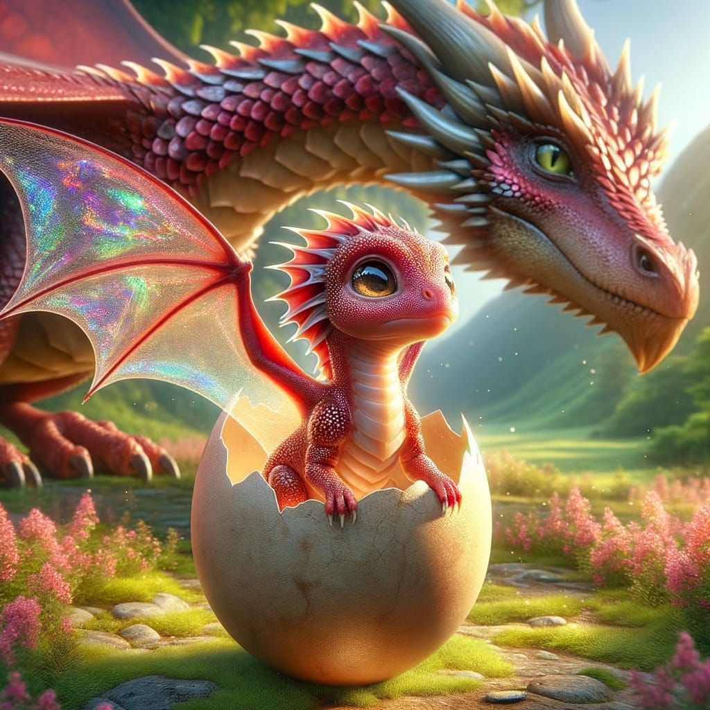 Crimson Baby Dragon Emerges in Magical Landscape