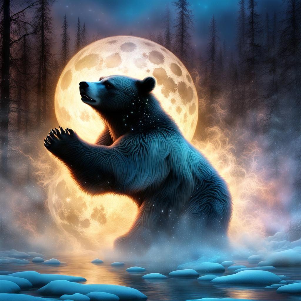 Glowing Wispy Bear Dancing Under Bioluminescent Moon