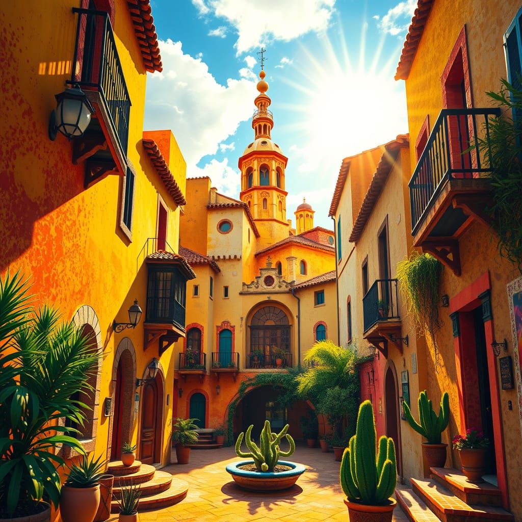 Spanish Scene Inspired by Surrealism and Cubism