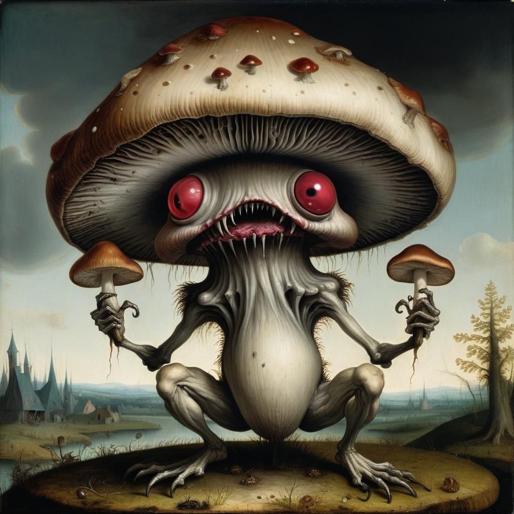 Sinister Mushroom Monster Eating Mushrooms in Bosch Style
