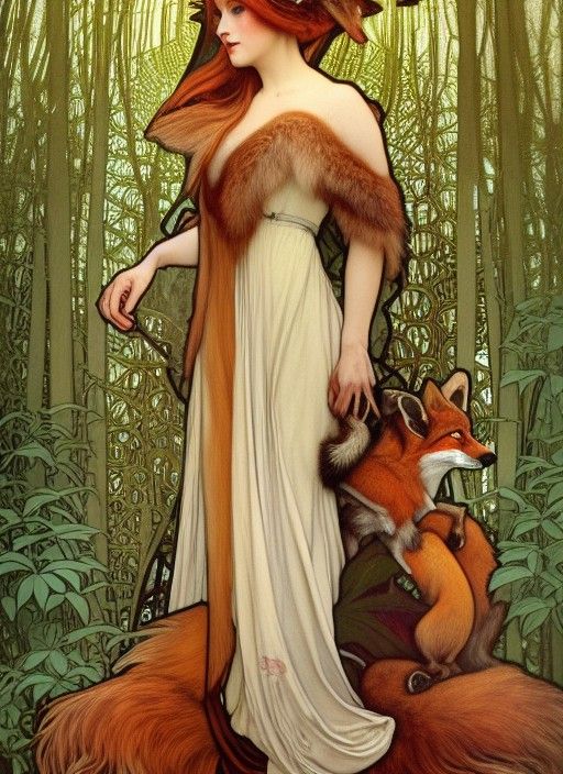Fox Goddess Portrait in Art Nouveau Style