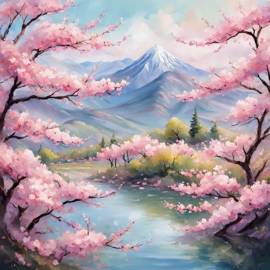Impressionist Cherry Blossom Landscape in Pastel Colors