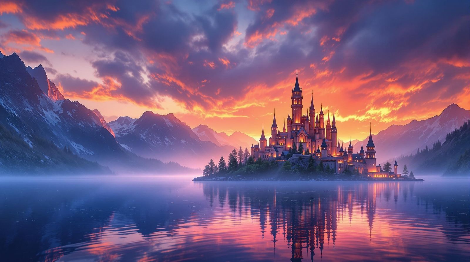 Burning Lake Castle at Dawn: Hyperrealistic Masterpiece