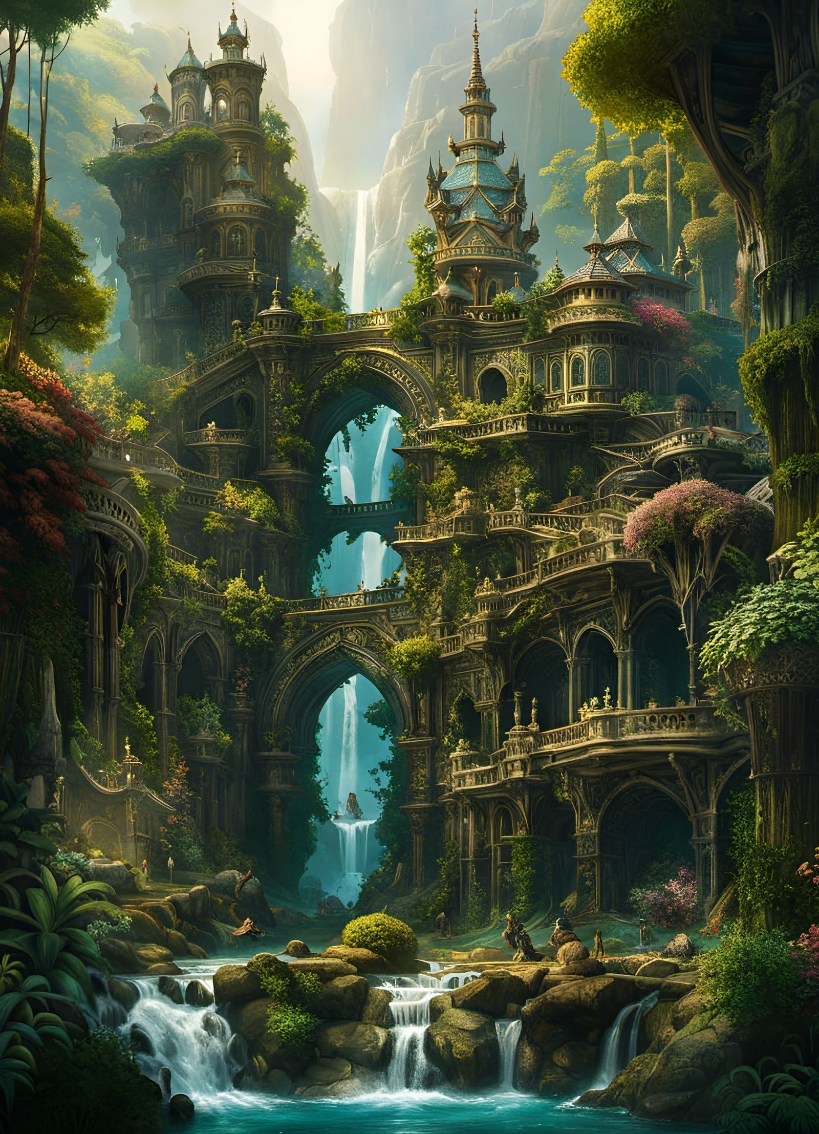 Overgrown Forest Palace on Waterfall: Fantasy Art