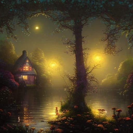 Enchanting Cottagecore Mushroom House Under Starry Sky