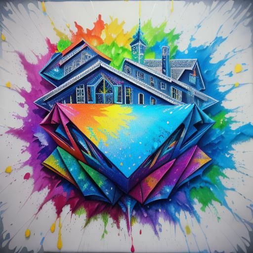 Origami House Painting in Graffiti Street Art Style