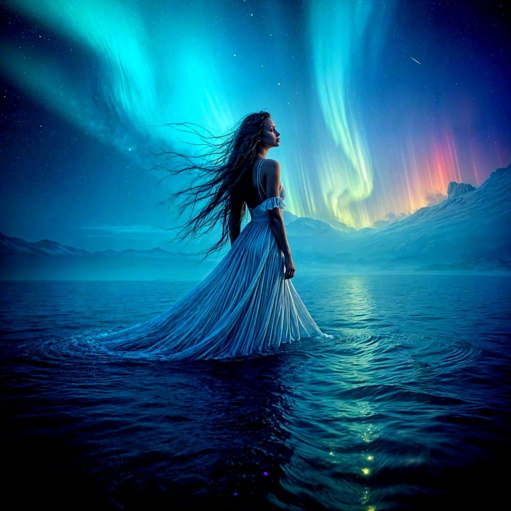 Water Goddess Emerges from a Vibrant Aurora