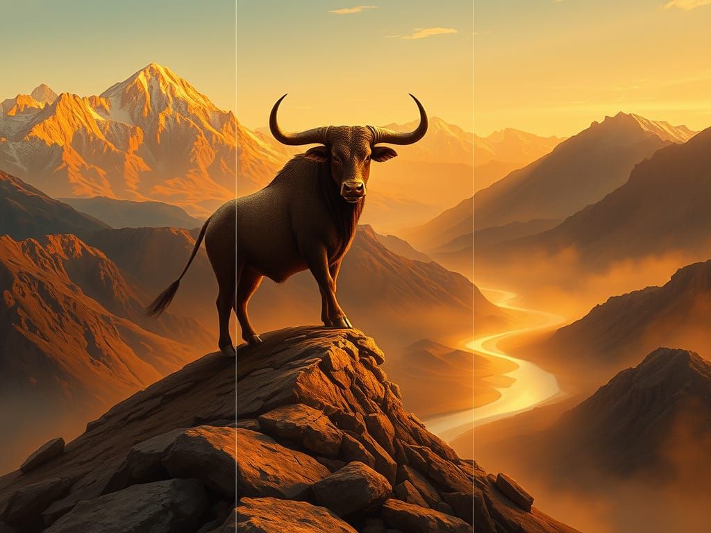 Golden Hour Mountain Summit with Mythical Ox Creature