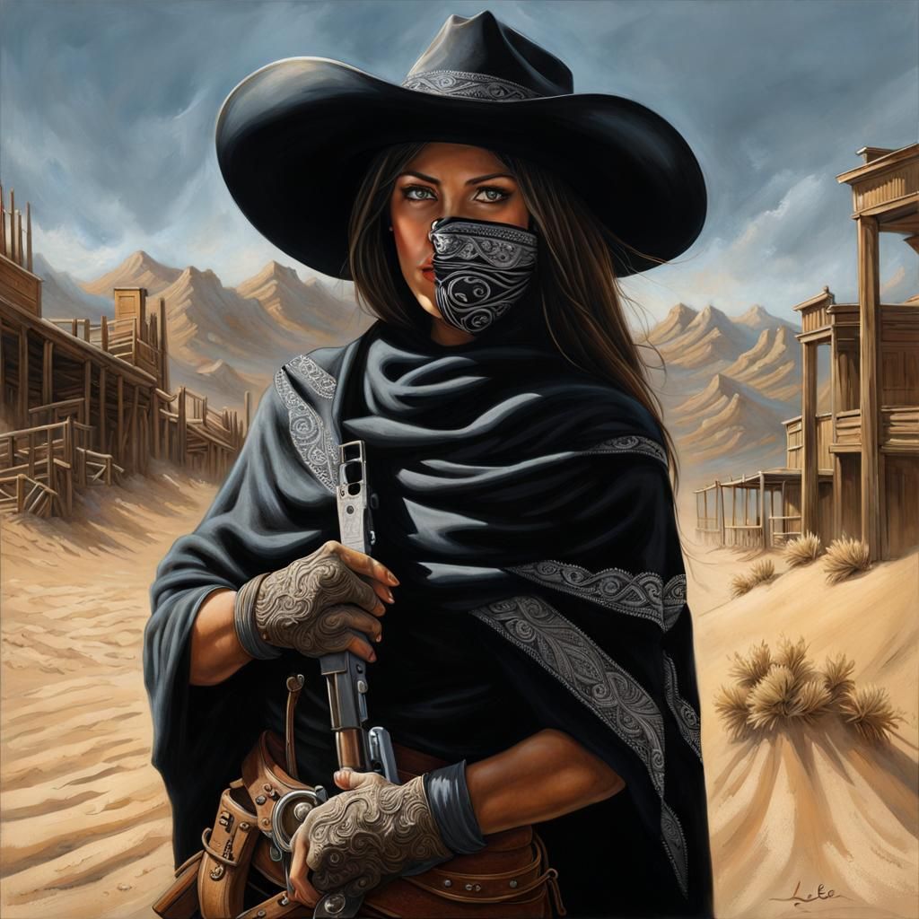 Mysterious Cowgirl in Western Town with Colt