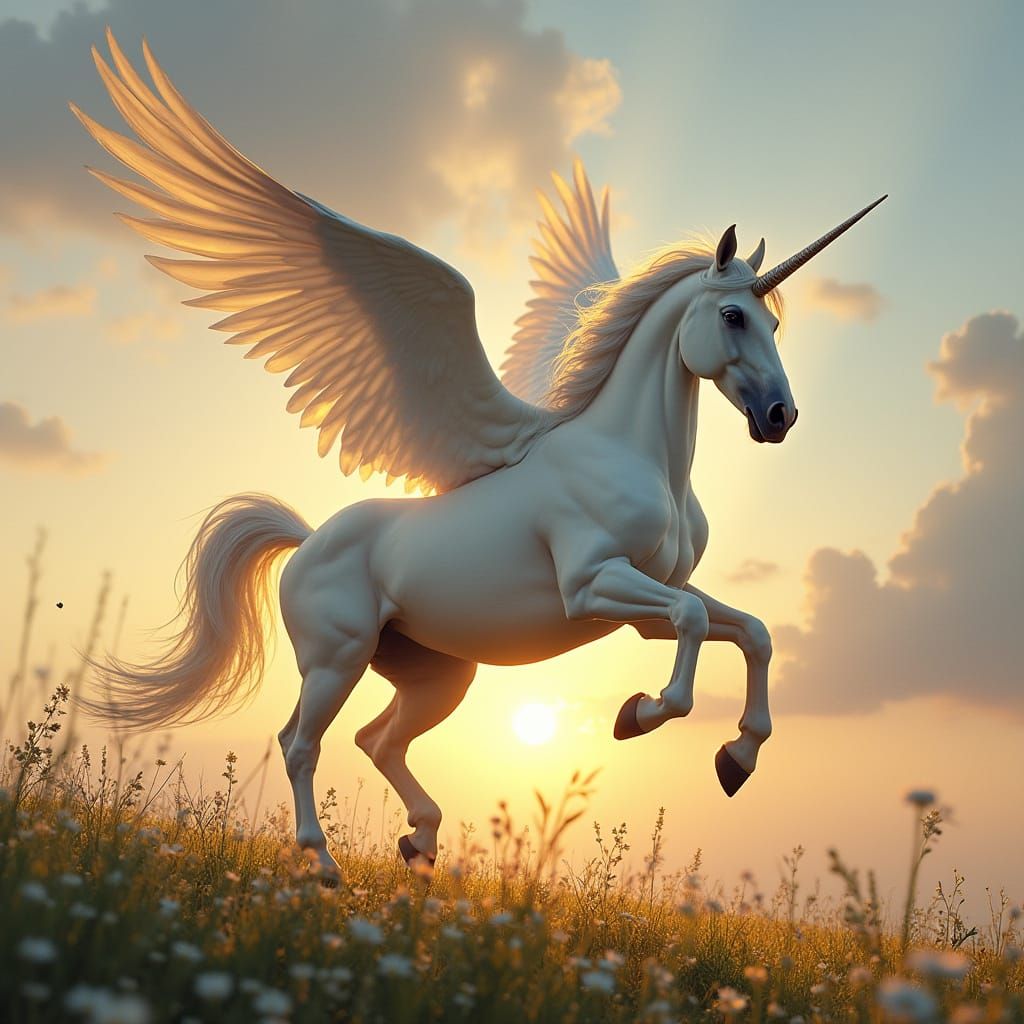 Majestic Unicorn Soars Through Sunset Meadow