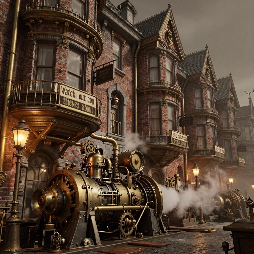 Steampunk Victorian Cityscape with Intricate Cogwork Engine
