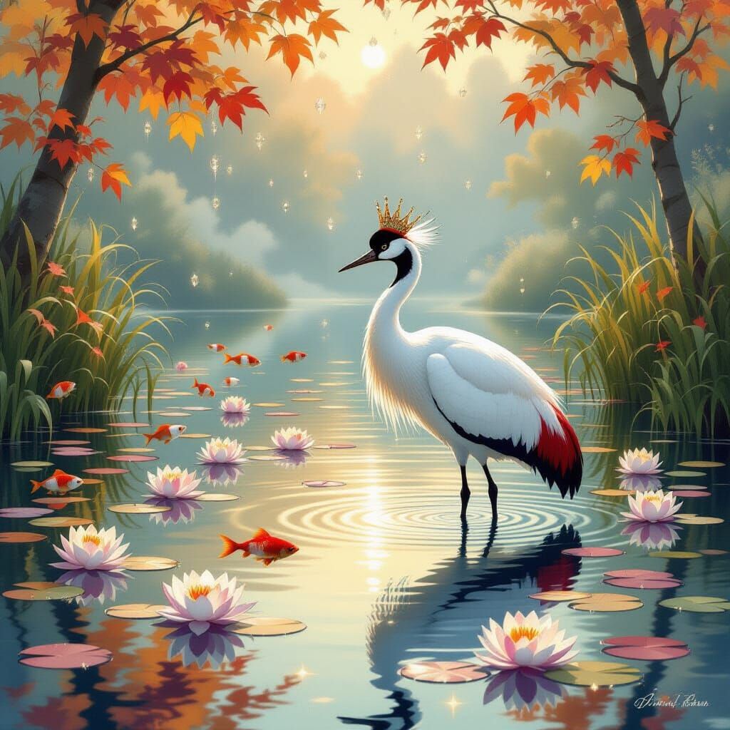 Fairytale Lake with Crowned Crane and Autumn Leaves