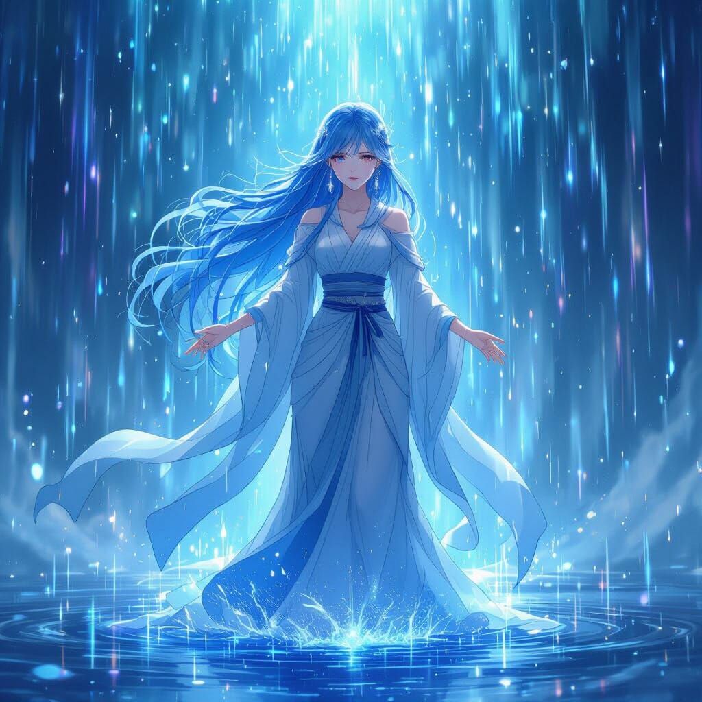 Ethereal Goddess in Luminous Blue Rain