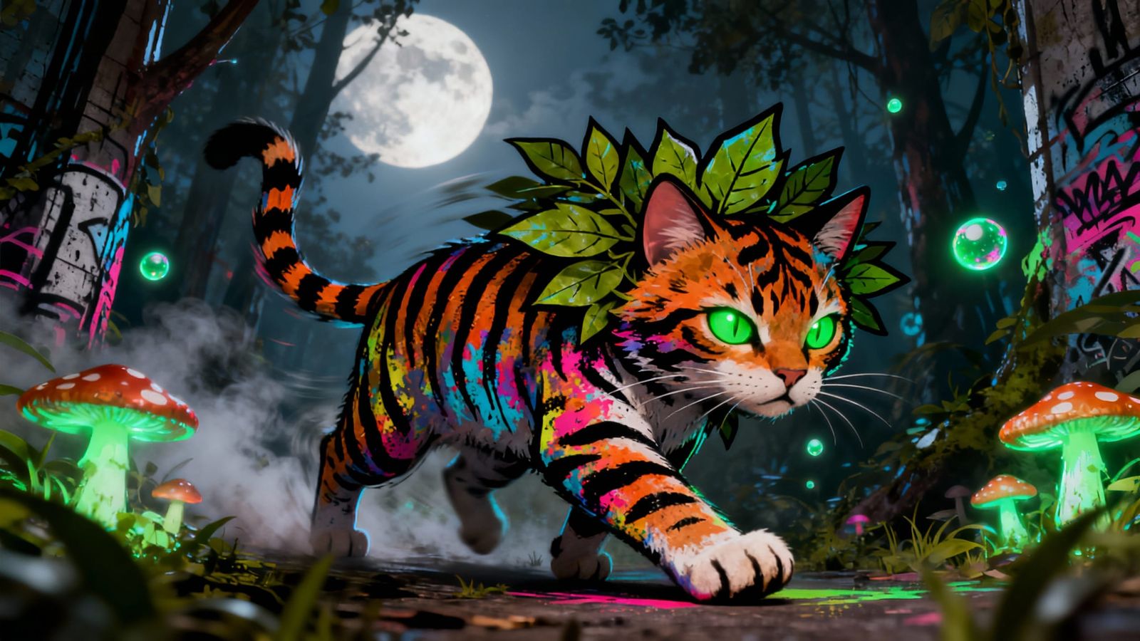 Mischievous Cat in Enchanted Forest Street Art Style