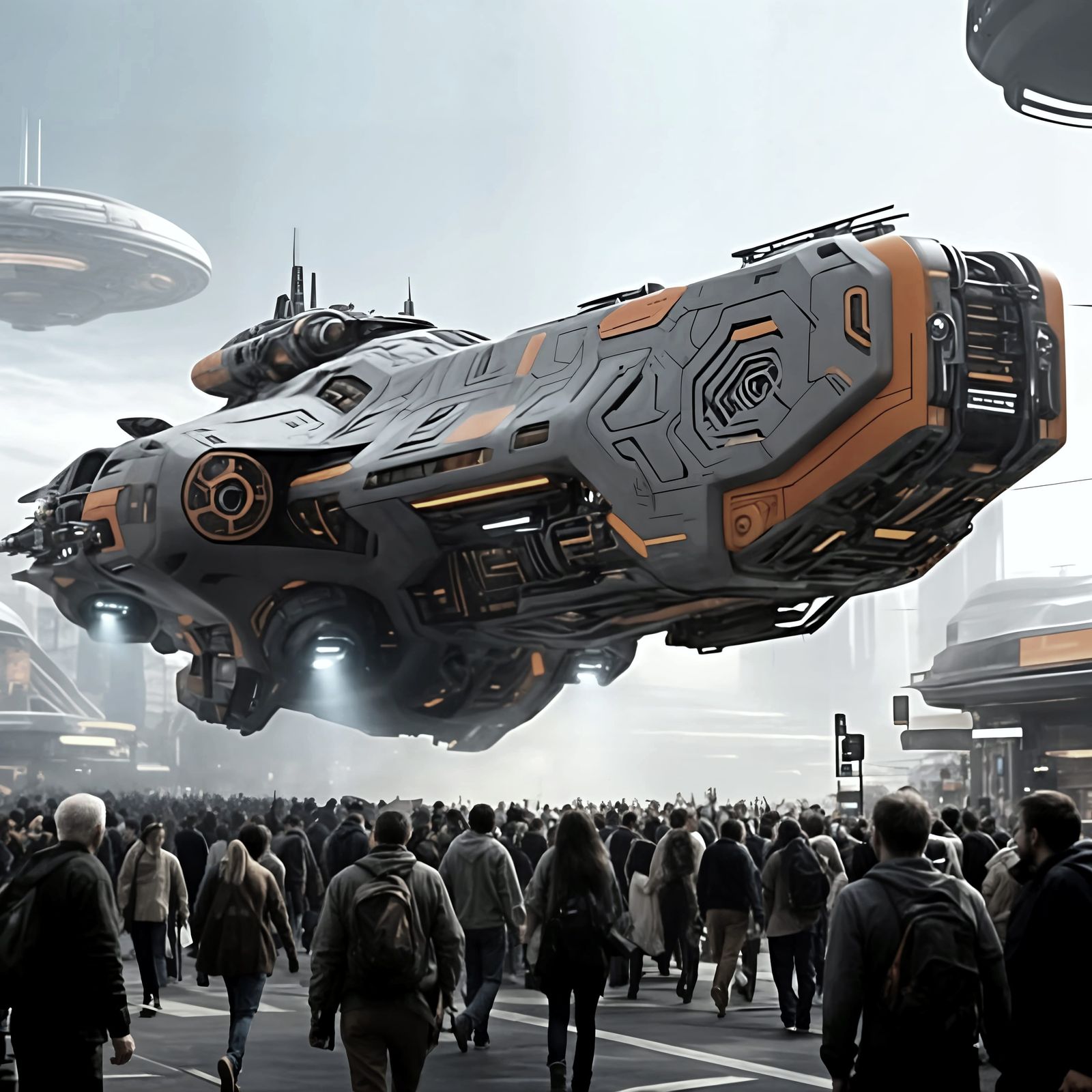 Cyberpunk Spaceship on Crowded Street Photography