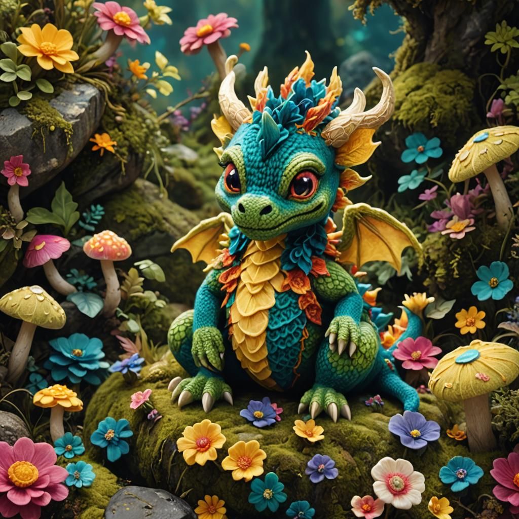 Adorable Knitted Dragon in a Magical Forest