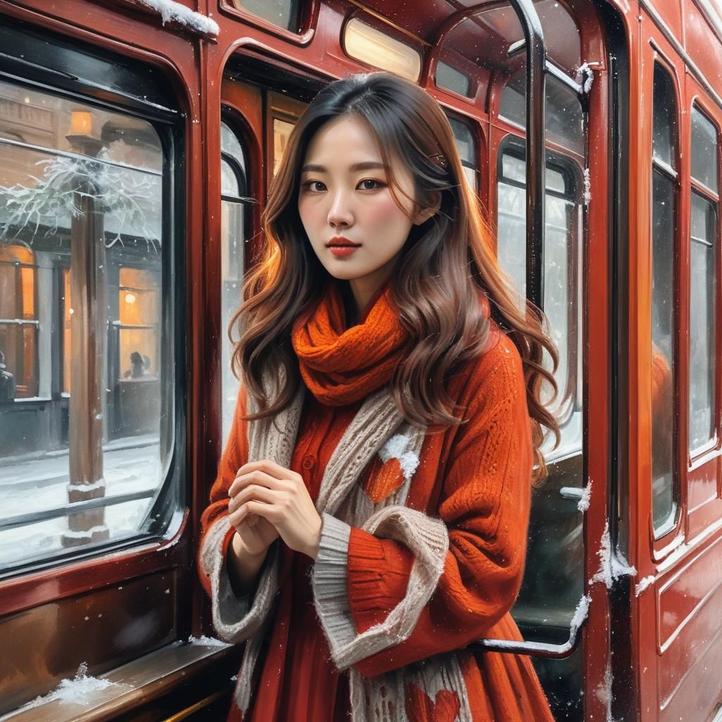 Korean Woman Draws Heart on Frosty Window