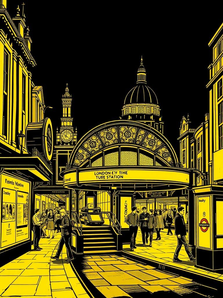 Dynamic London Tube Station in Black and Yellow Woodcut