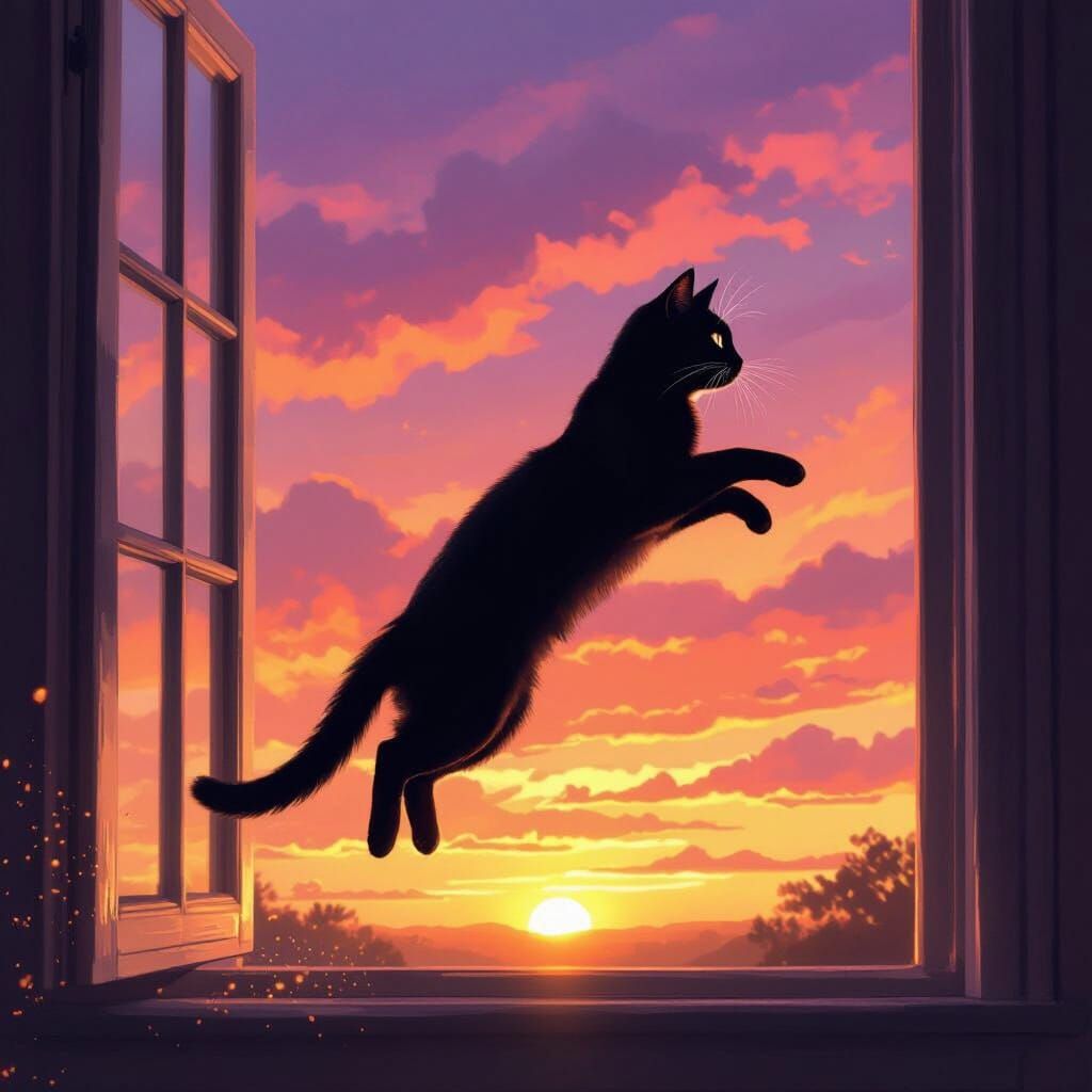 Black Cat Leaping Through Window at Sunset