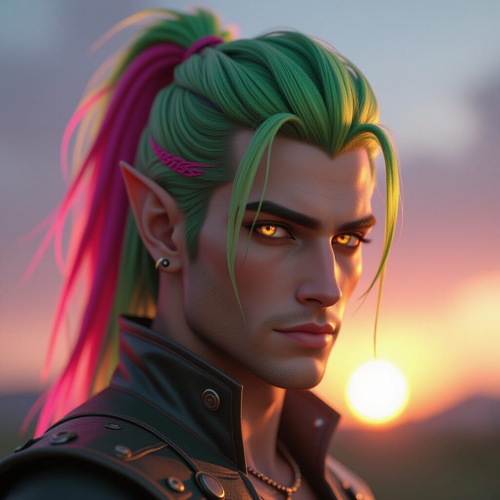 Elven Male with Neon Green to Hot Pink Ponytail
