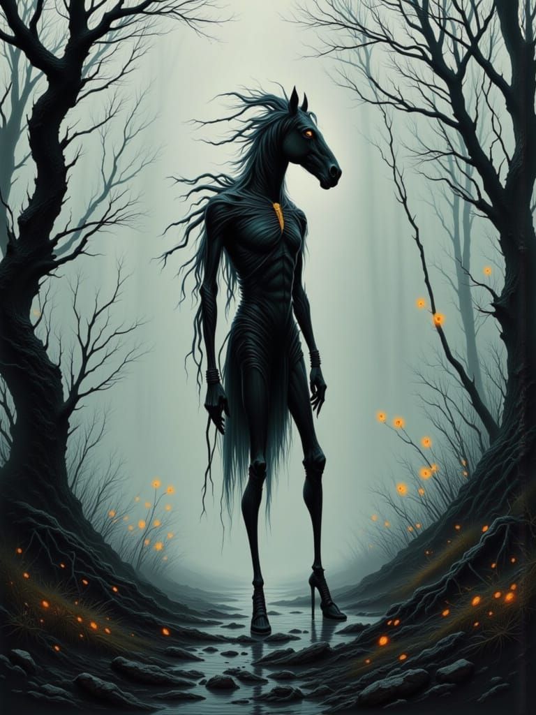 Tikbalang in Foggy Forest with Egon Schiele Style