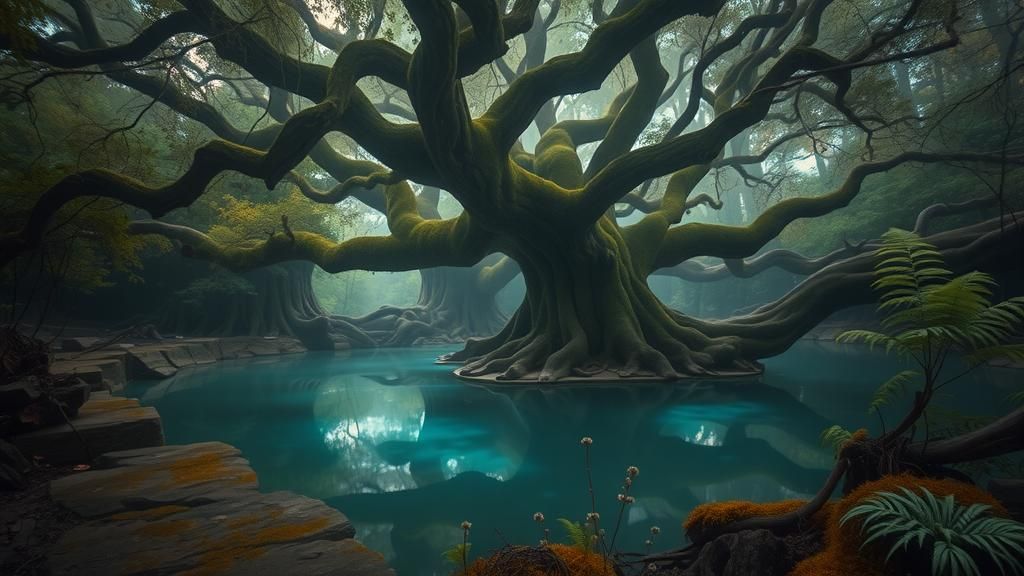 Mystical Tree Stands Guard Over Crystal Pool