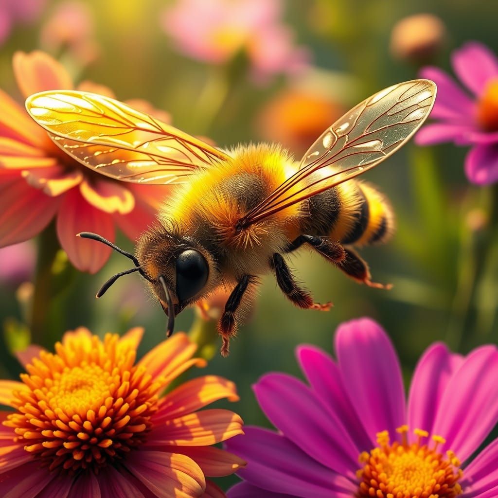 Hyper-Realistic Bee in Ethereal Garden Scene