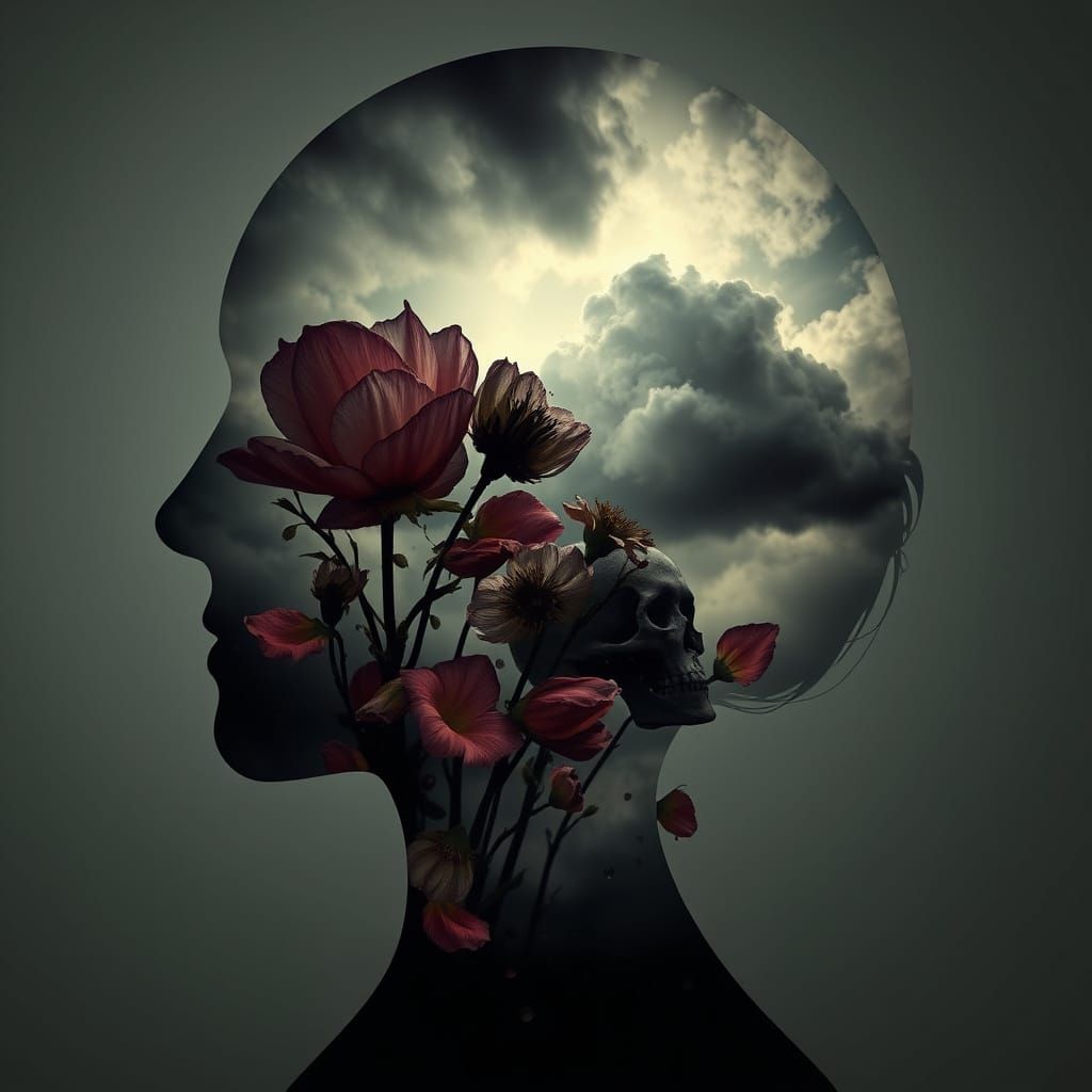 A silhouette of a face with flowers in the background