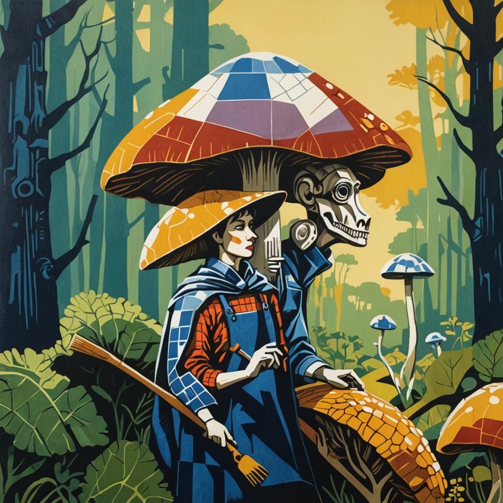 Cubist Linocut: Activists Harvesting Mushrooms