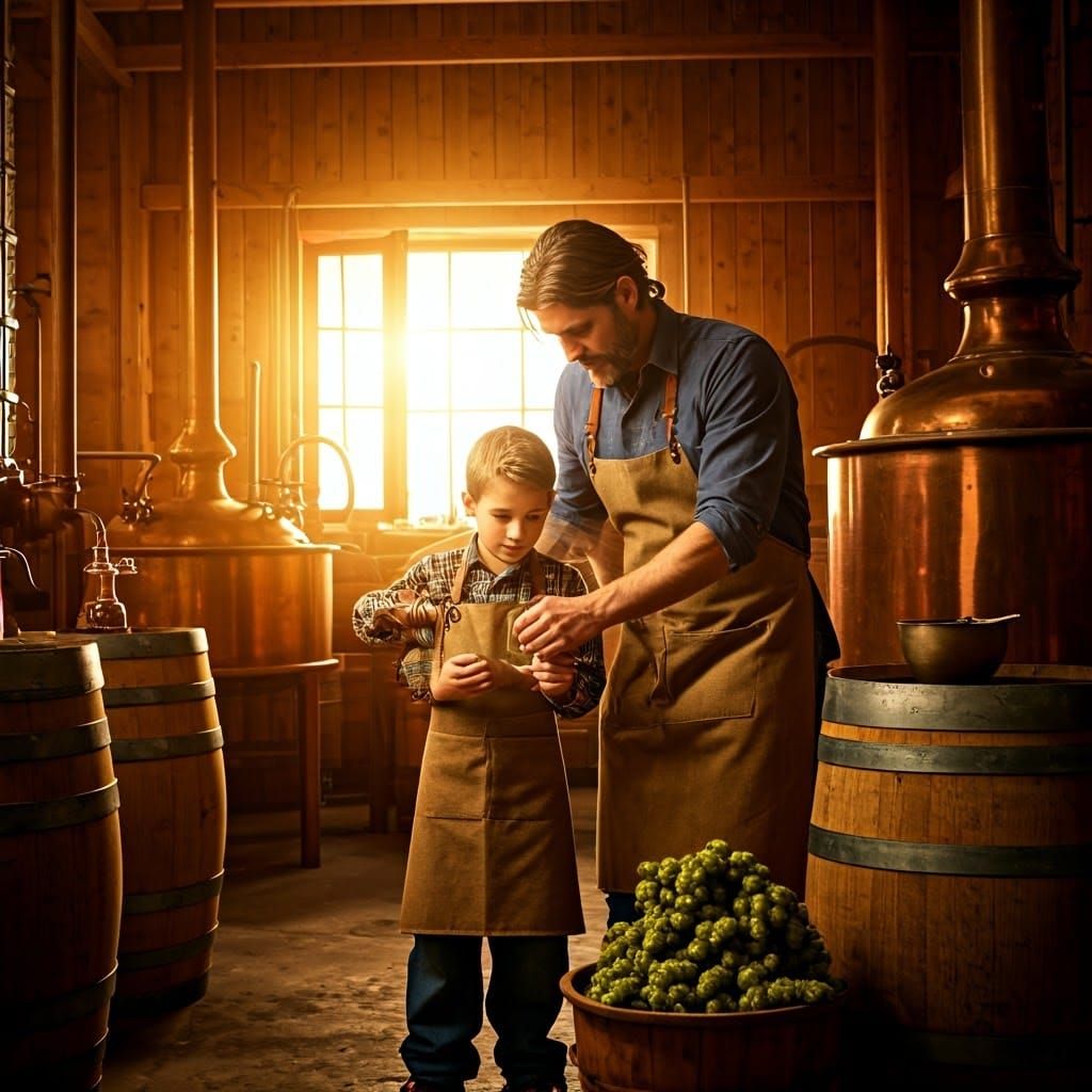 Father and Son Brewing Beer in Golden Light