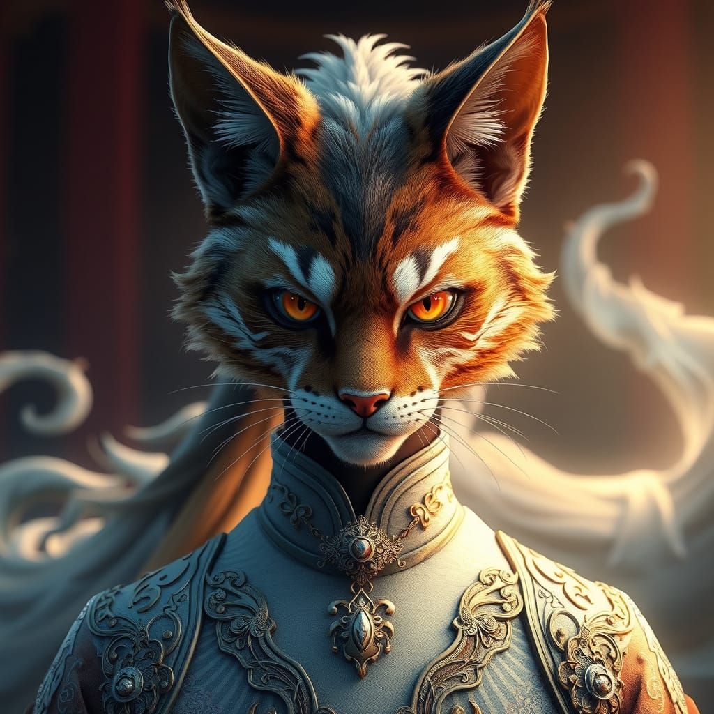 Majestic Humanoid Cat Figure in Intricate Anime Style