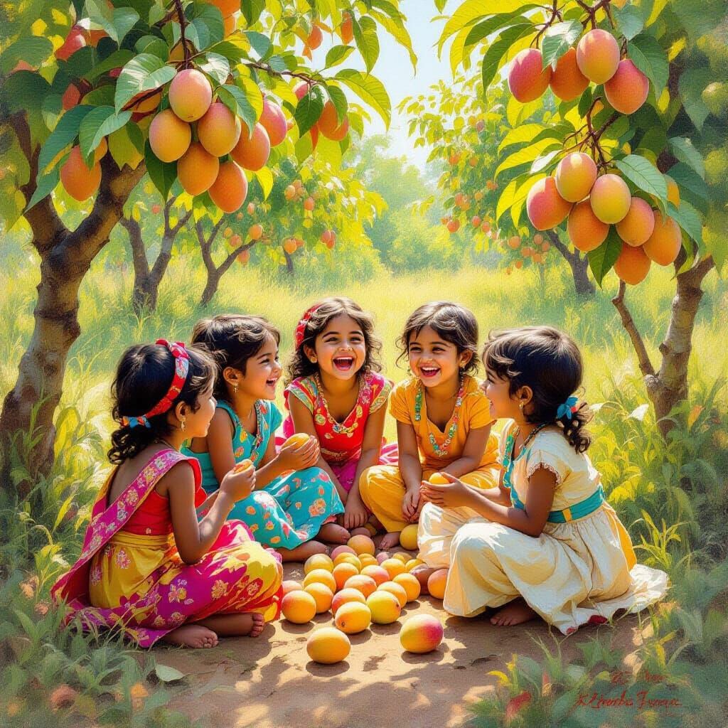 Vibrant Indian Village Children in Mango Orchard