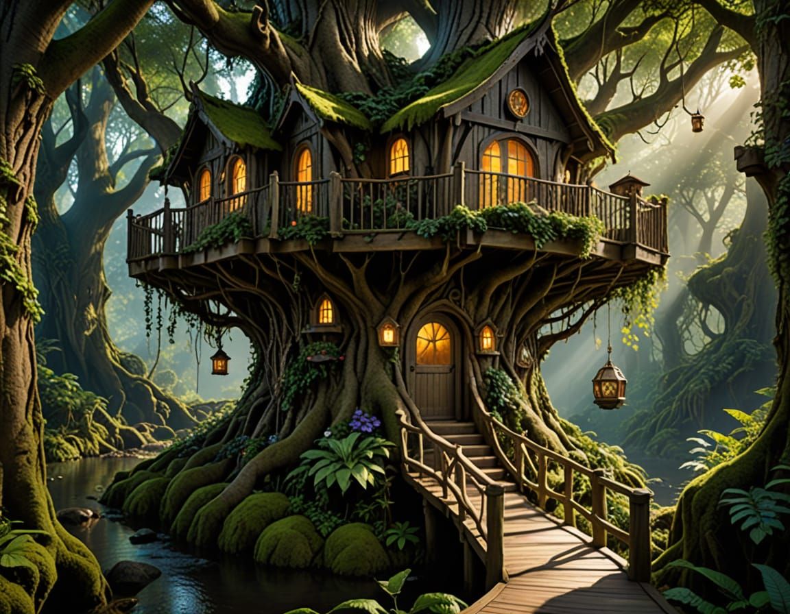 Whimsical Elven Treehouse Amidst an Enchanted Forest