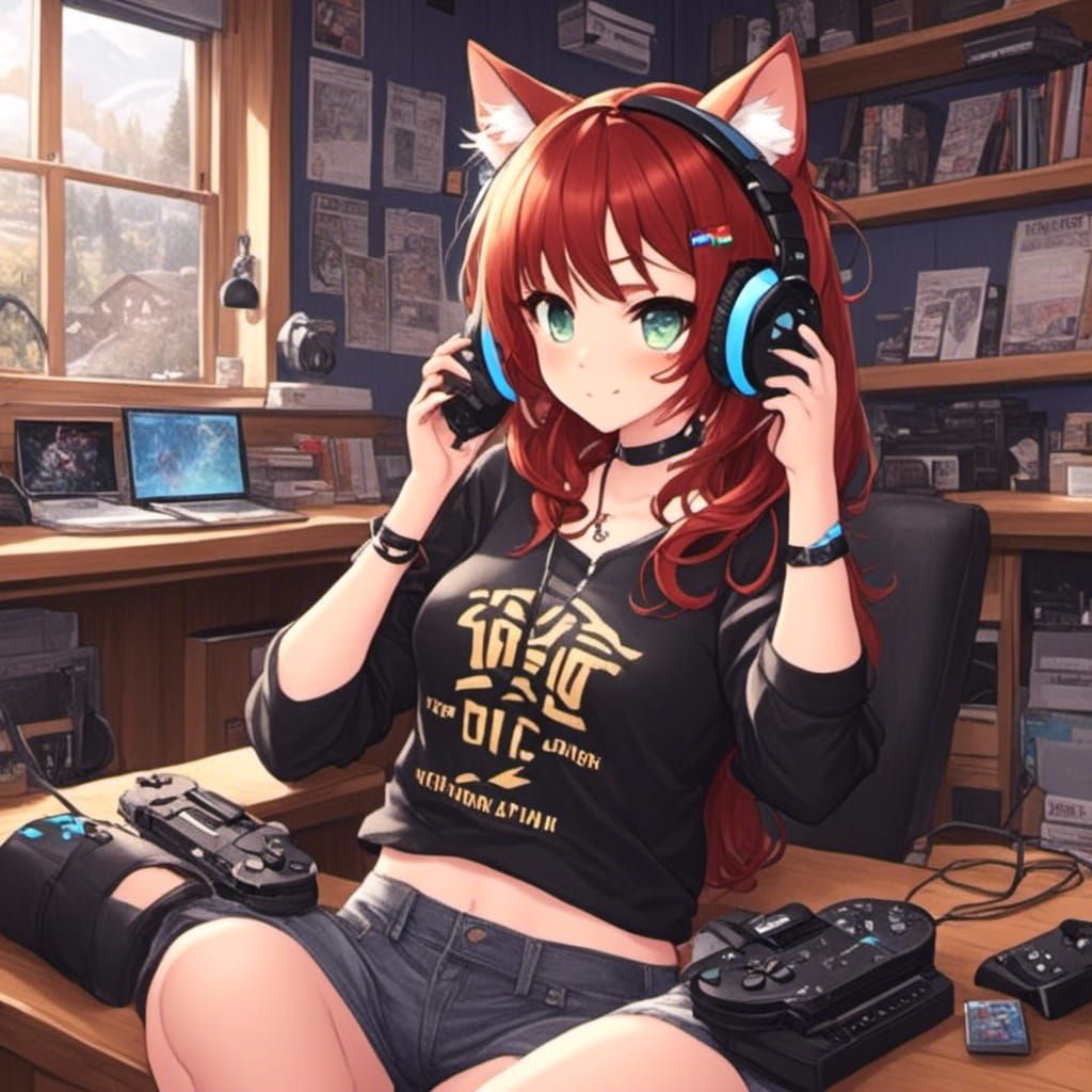 Feminine Gamer with Cat Headphones
